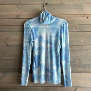 GANNI | Blue Watercolor Printed Mesh Turtleneck Top Sz 6 Danish It Girl Scandi